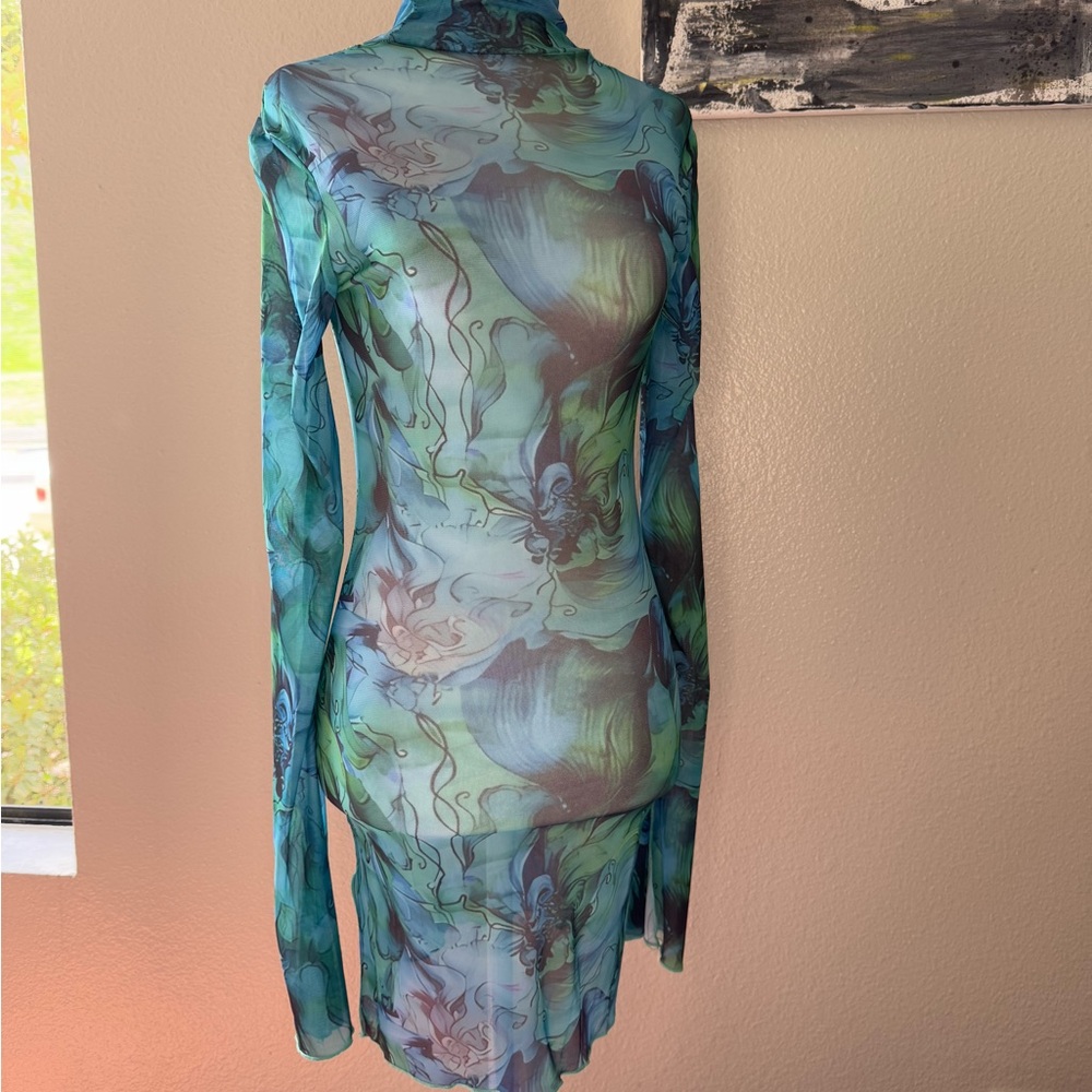Floral Long Sleeve Mesh Dress - Blue and Green